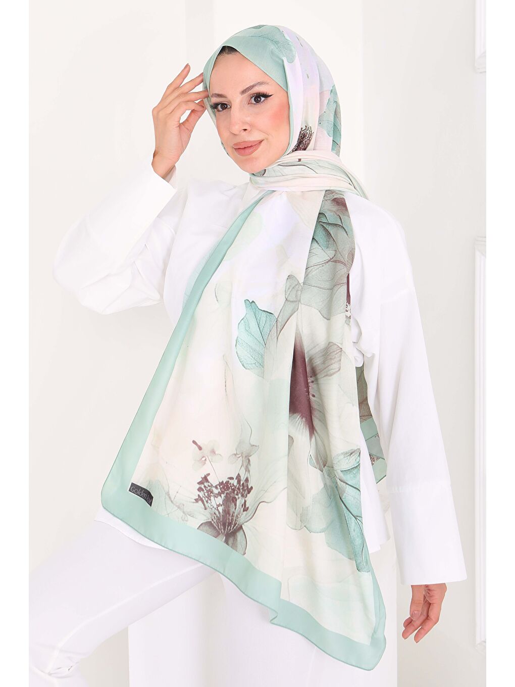 Yeşil Pastel Flora Serisi Pamuk Şal Mint - 27857-MINT-2