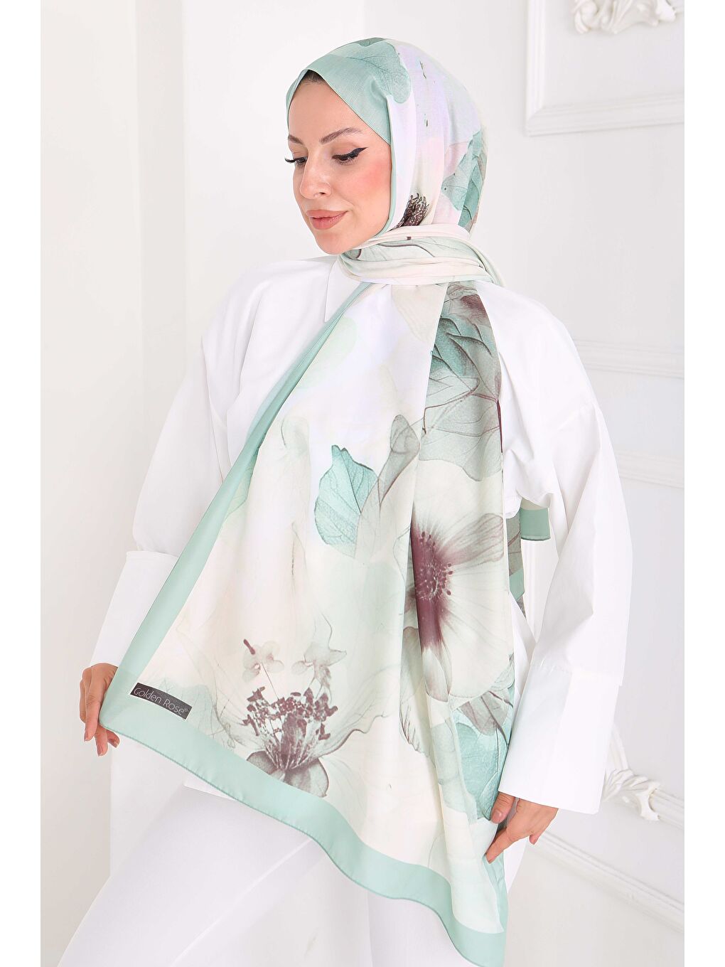 Yeşil Pastel Flora Serisi Pamuk Şal Mint - 27857-MINT-3