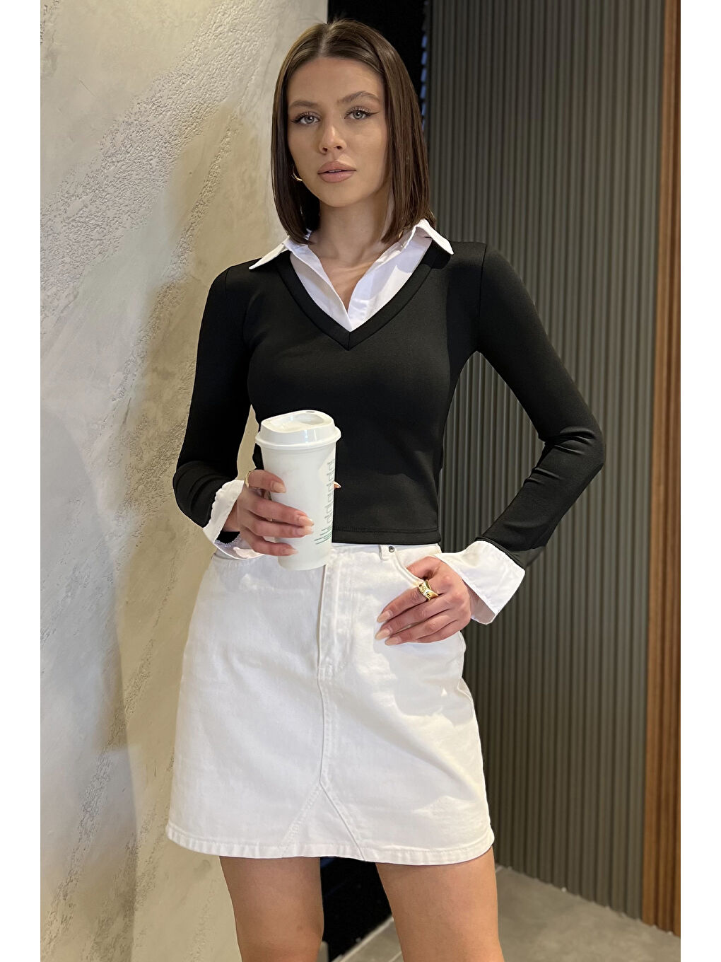 Siyah Kadın Gömlek Garnili Crop Bluz-1