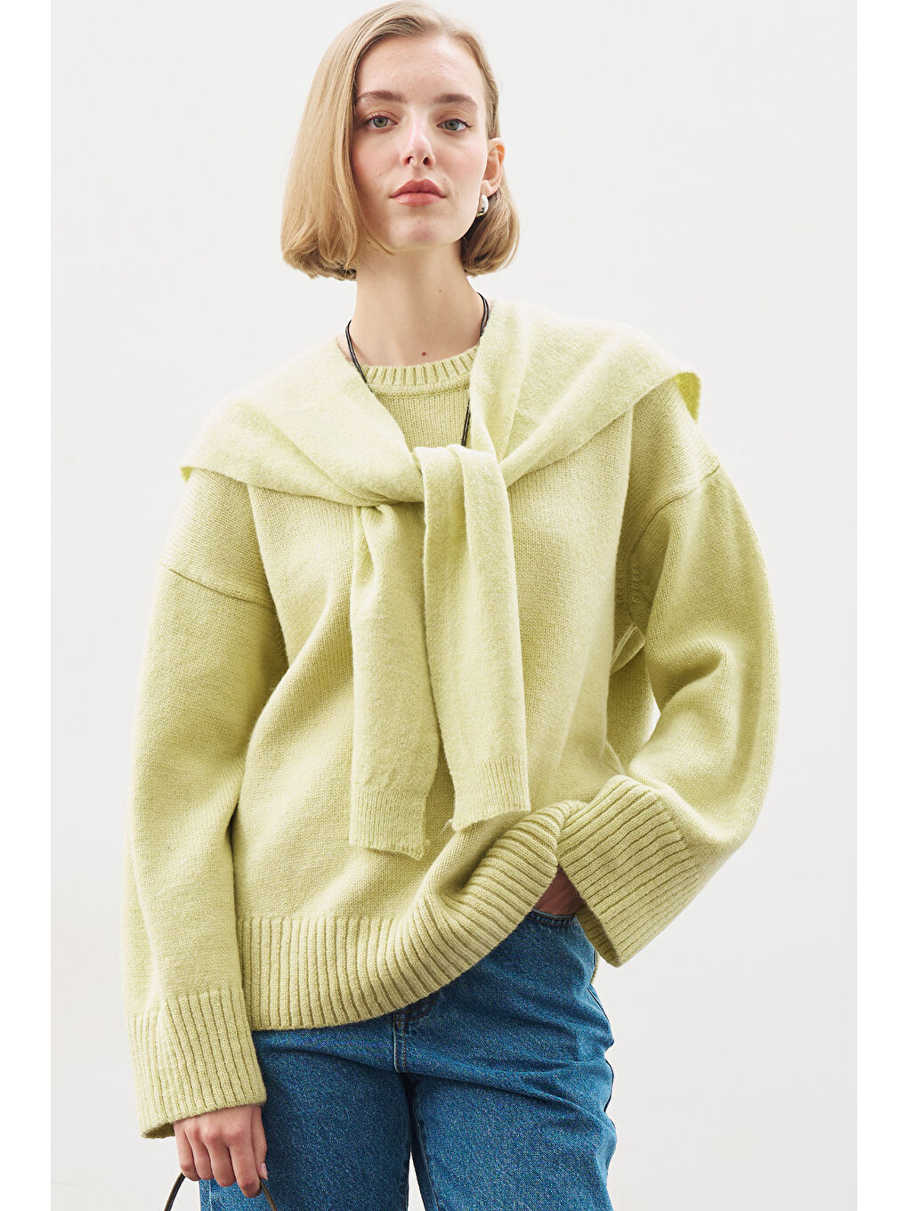 Yeşil Kare Yaka Bağlamalı Triko Atkı Lıme-1