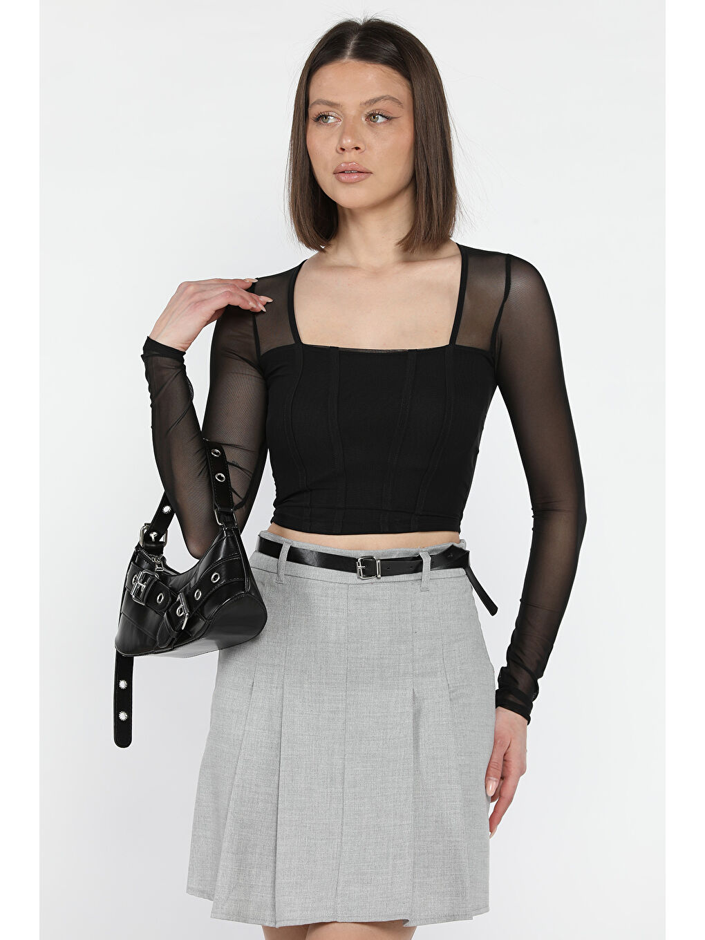 Siyah Kadın Kare Yaka Sırt Ve Kol Transparan Crop Top Bluz-1