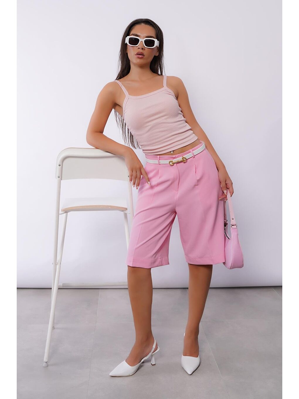 Pembe Pileli Kadın Bermuda Şort Mg2483-4