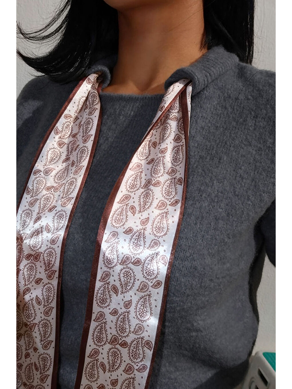 Antrasit Fularlı Bisiklet Yaka Kısa Kollu Triko T-shirt E-311-3