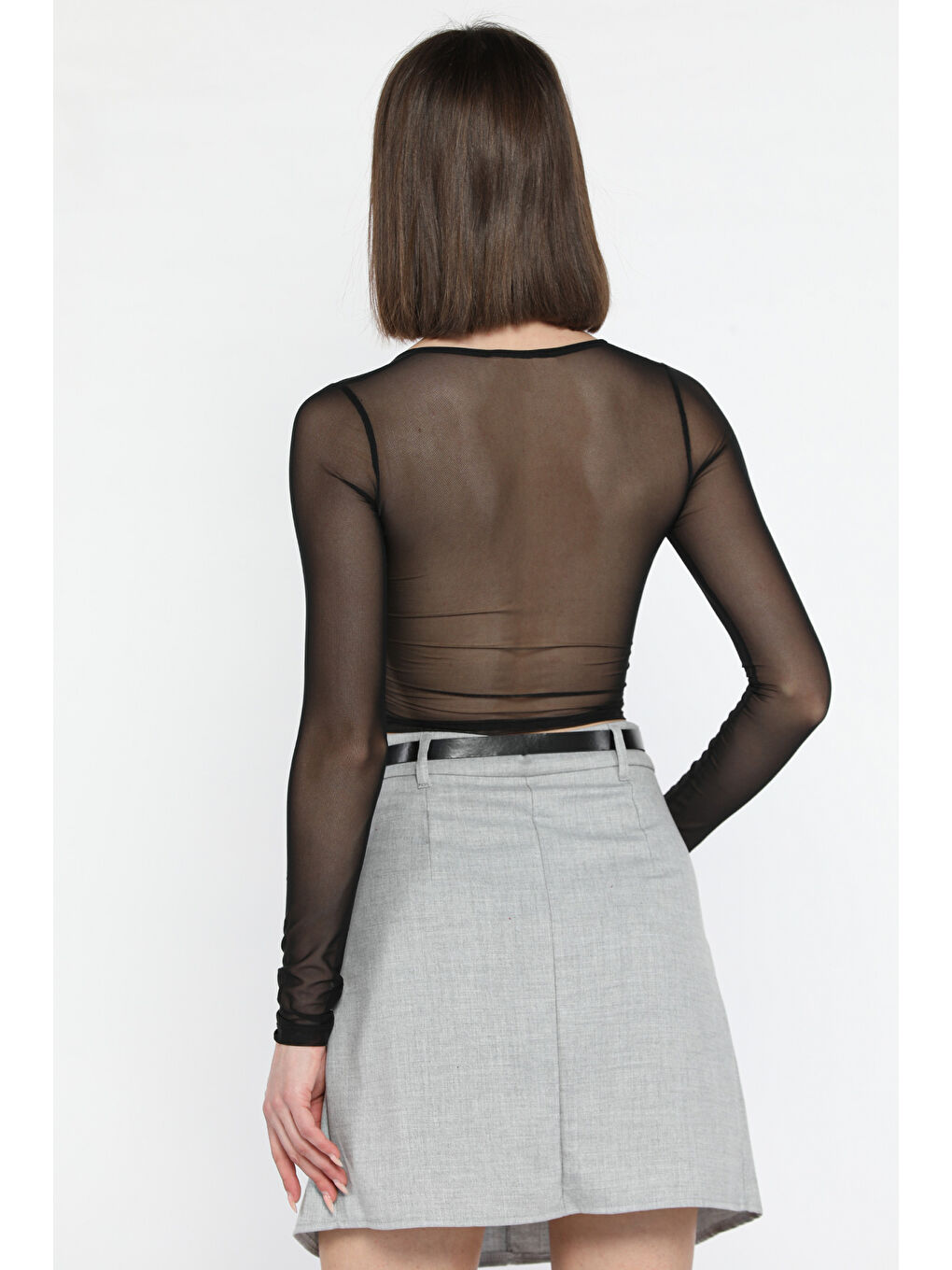 Siyah Kadın Kare Yaka Sırt Ve Kol Transparan Crop Top Bluz-2