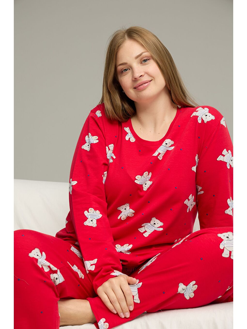 Kırmızı Desenli Curve Büyük Beden Battal Boy Pamuklu Pijama Takım25240765