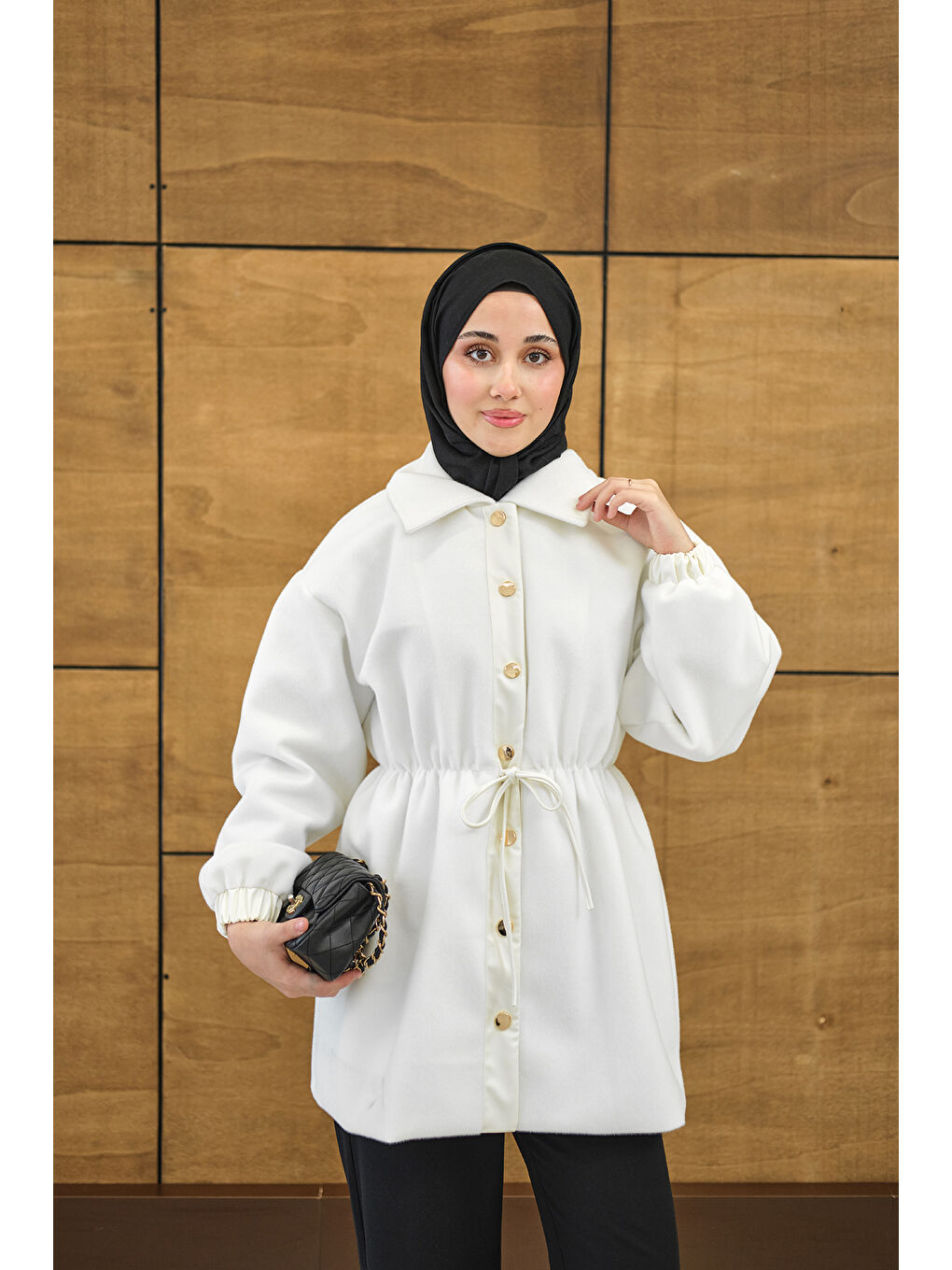 Kadın Beli Deri İp Detay Gömlek Yaka Ceket Beyaz-1