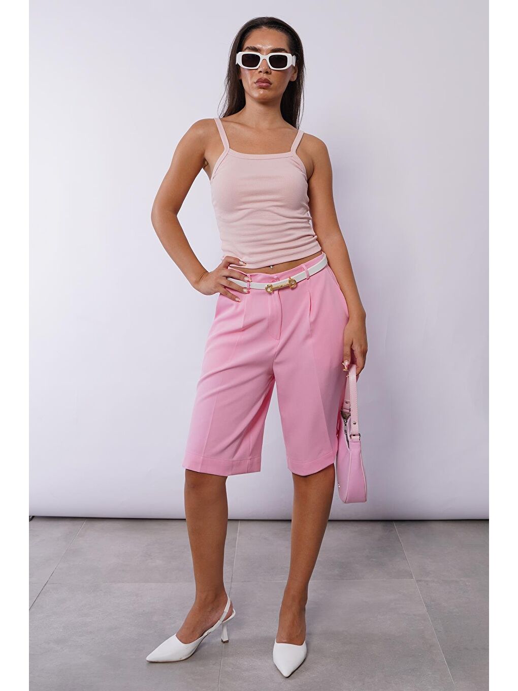 Pembe Pileli Kadın Bermuda Şort Mg2483-5