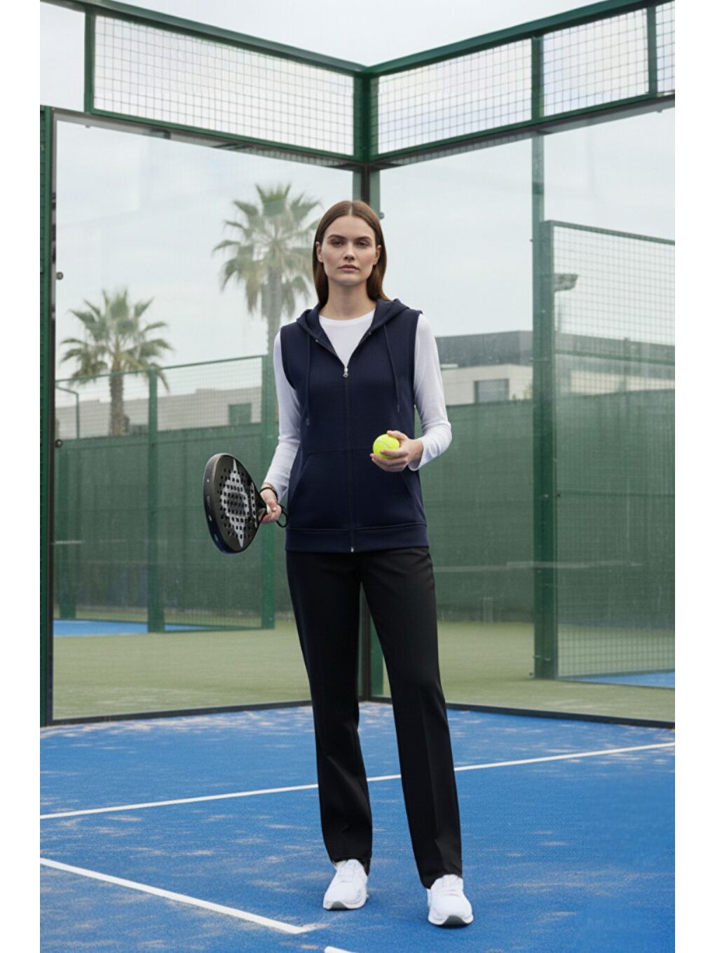 Lacivert Kadın Sıfır Kol Kapüşonlu Hırka ve Uzun Kollu Tişört Takımı