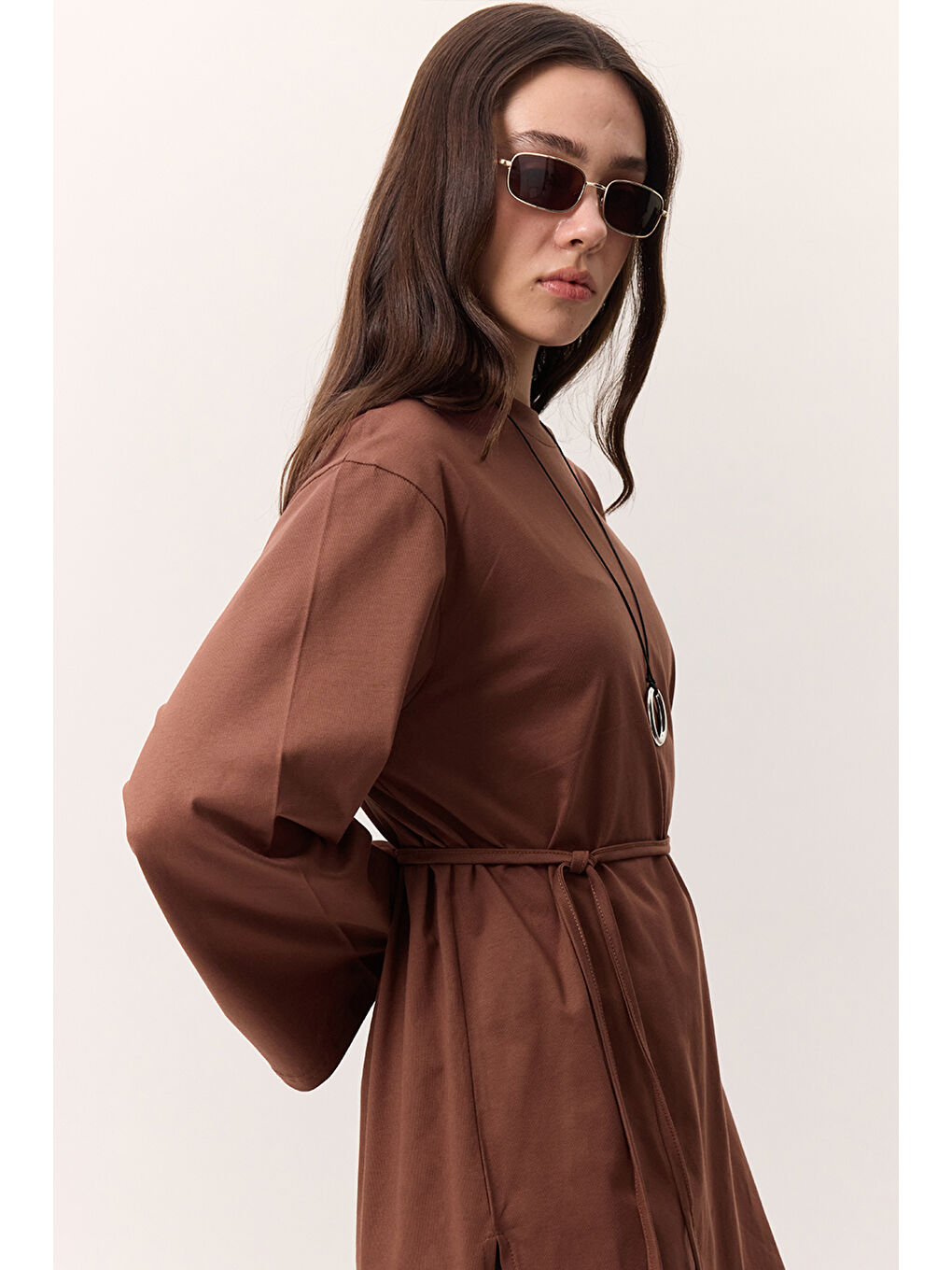 Kahverengi Bağlama Detaylı Oversıze Tshırt Ağaç Kabuğu-2