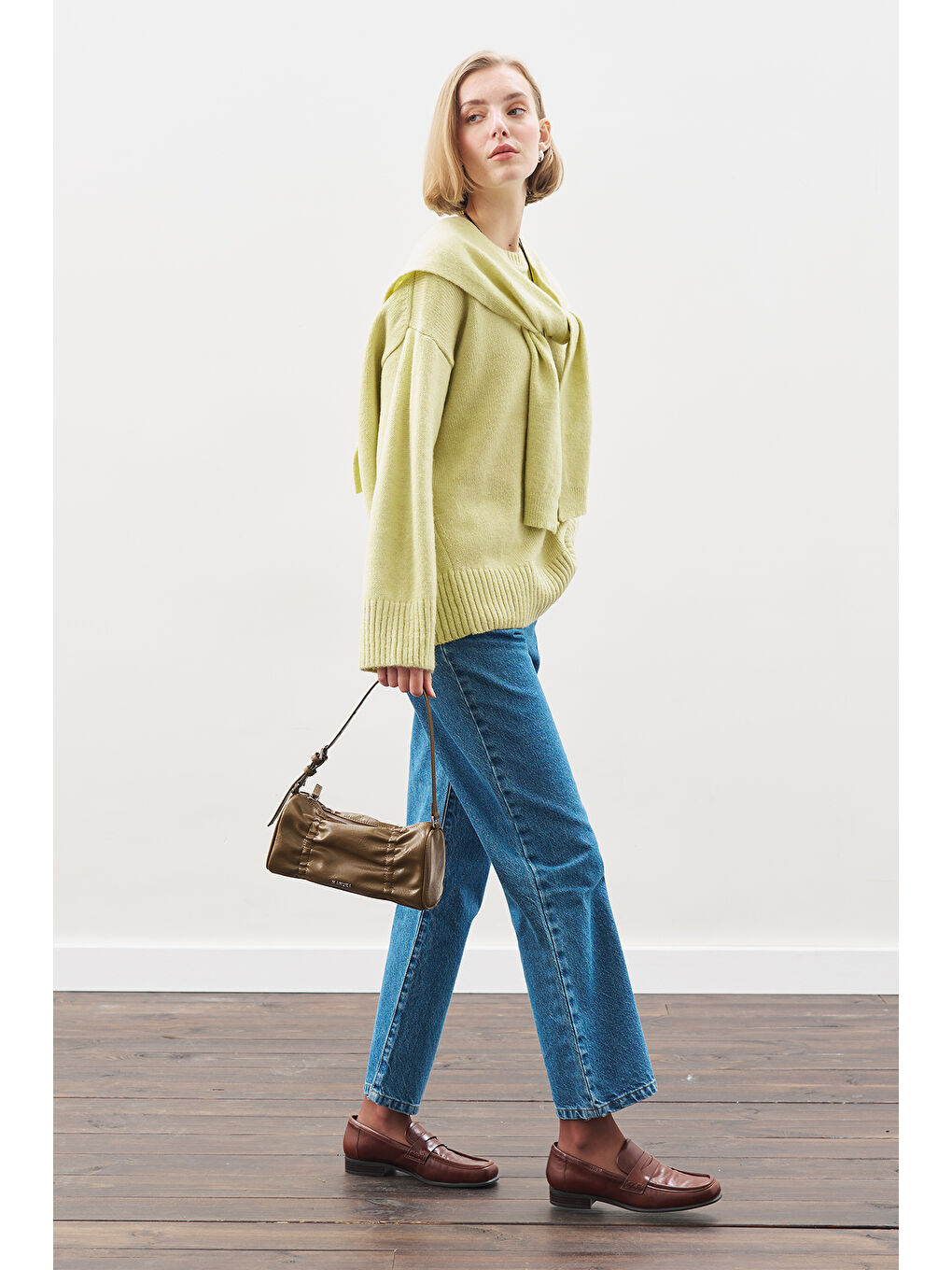 Yeşil Kare Yaka Bağlamalı Triko Atkı Lıme-2