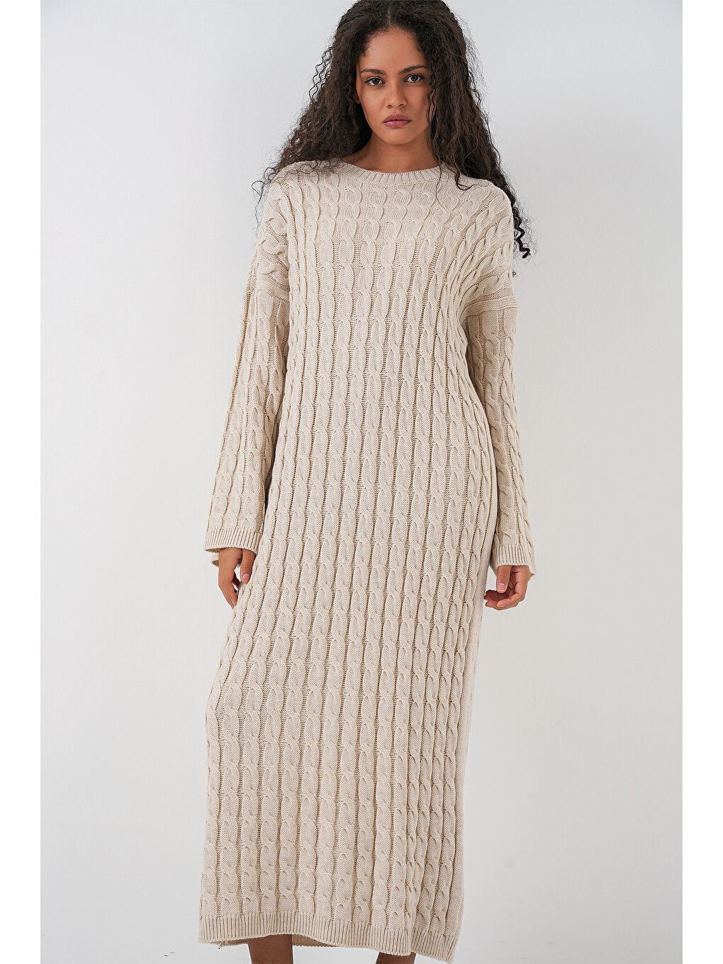 Ekru Kadın Örgülü Uzun Tiko Elbise 15944 - Krem