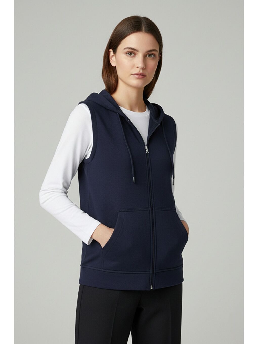 Lacivert Kadın Sıfır Kol Kapüşonlu Hırka ve Uzun Kollu Tişört Takımı-1