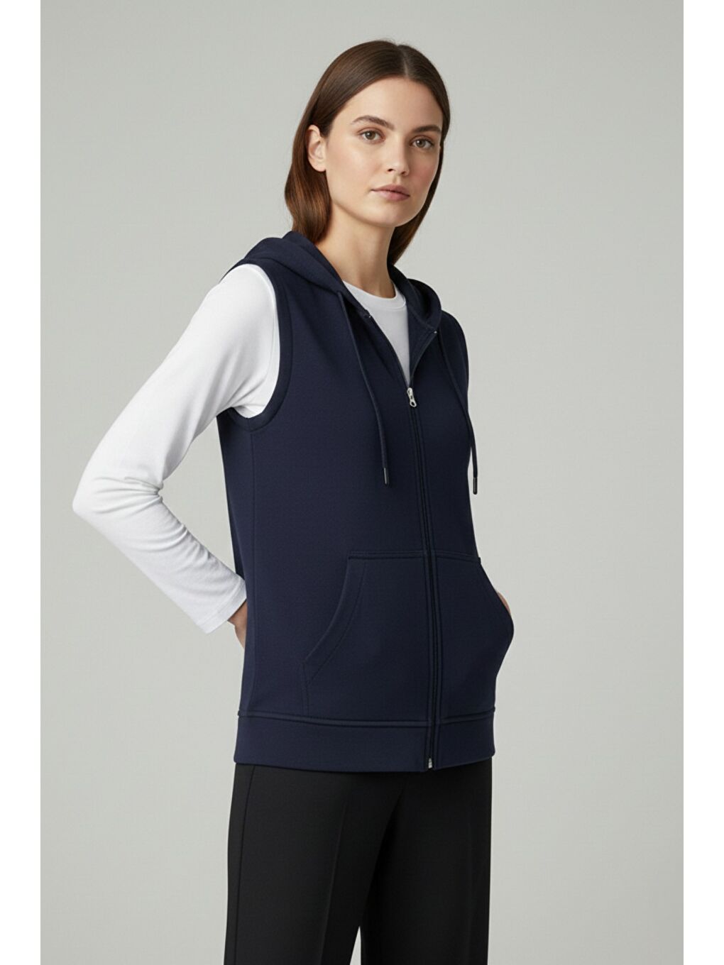 Lacivert Kadın Sıfır Kol Kapüşonlu Hırka ve Uzun Kollu Tişört Takımı-2