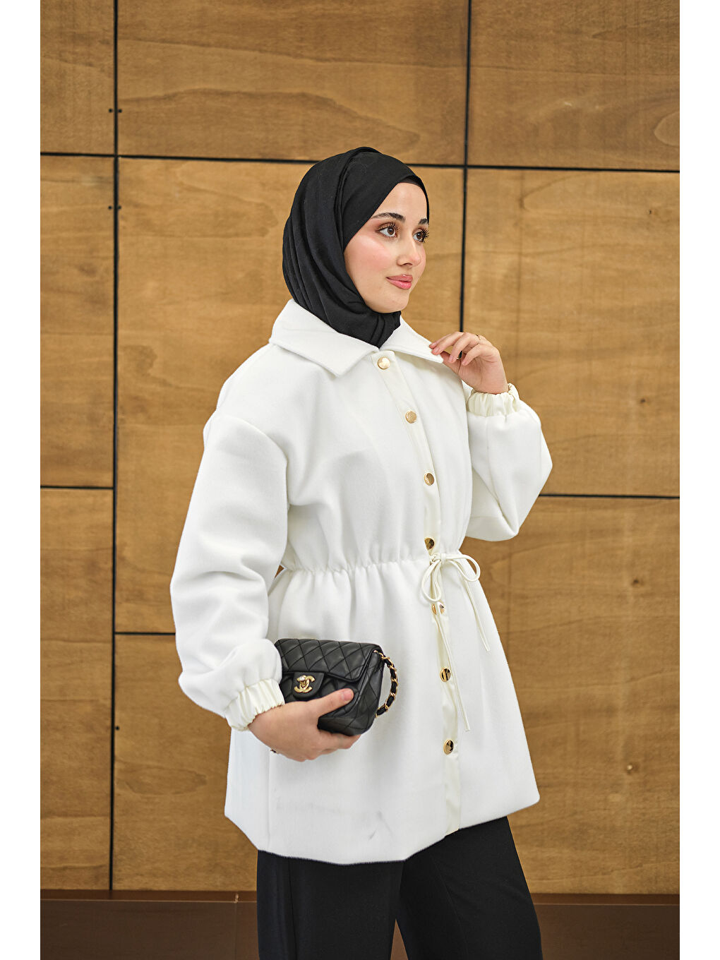 Kadın Beli Deri İp Detay Gömlek Yaka Ceket Beyaz-2