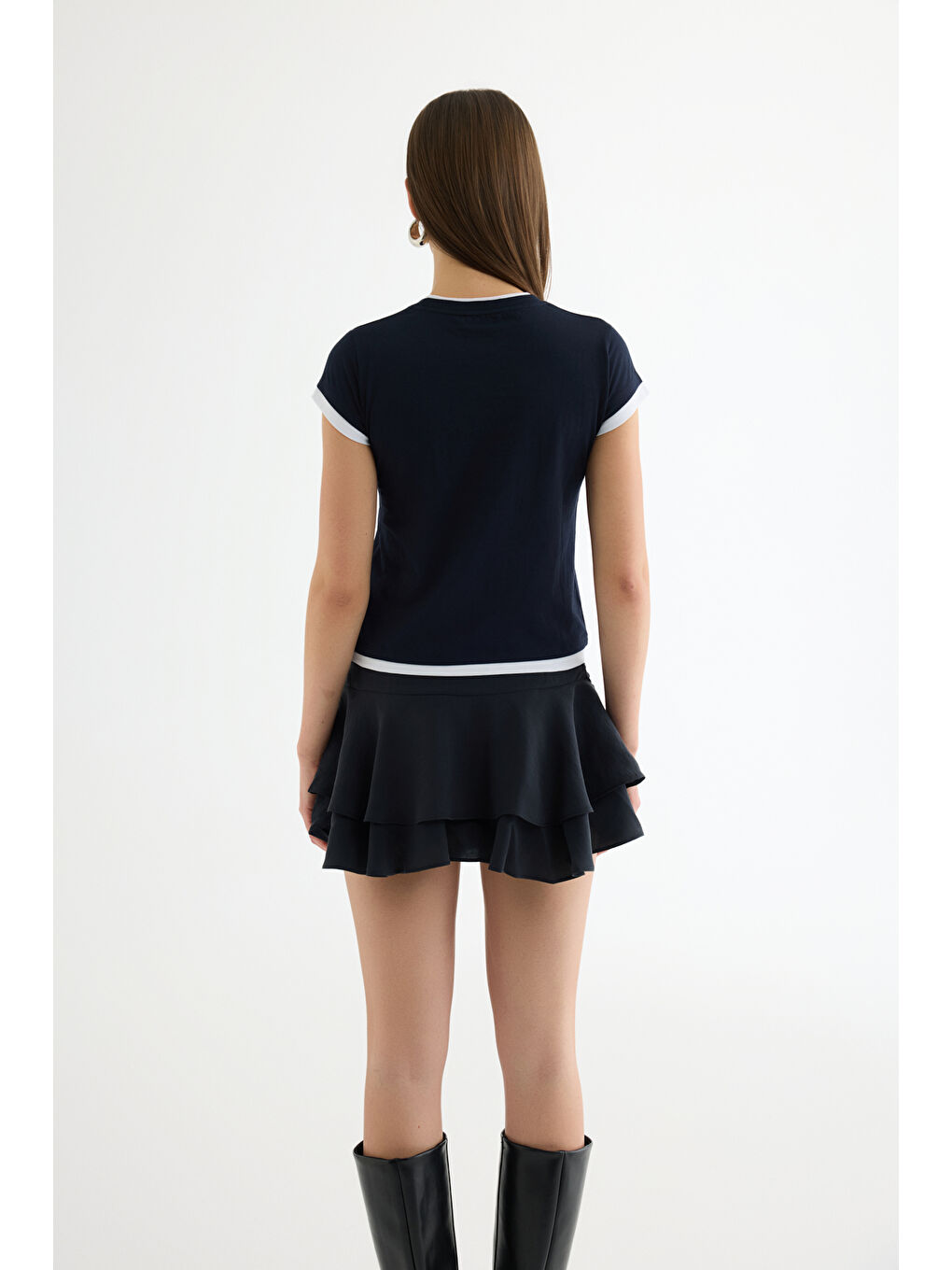 Yazı Baskılı Reglan Garnili Tişört Lacivert-1