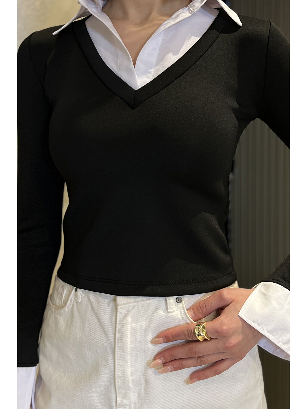 Siyah Kadın Gömlek Garnili Crop Bluz-2