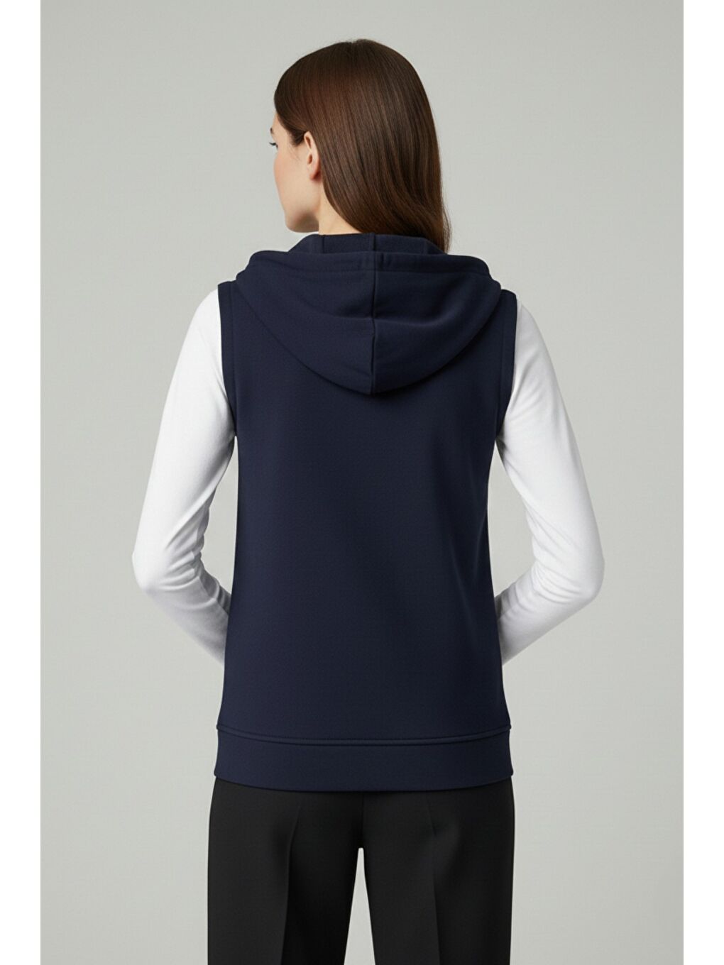Lacivert Kadın Sıfır Kol Kapüşonlu Hırka ve Uzun Kollu Tişört Takımı-3