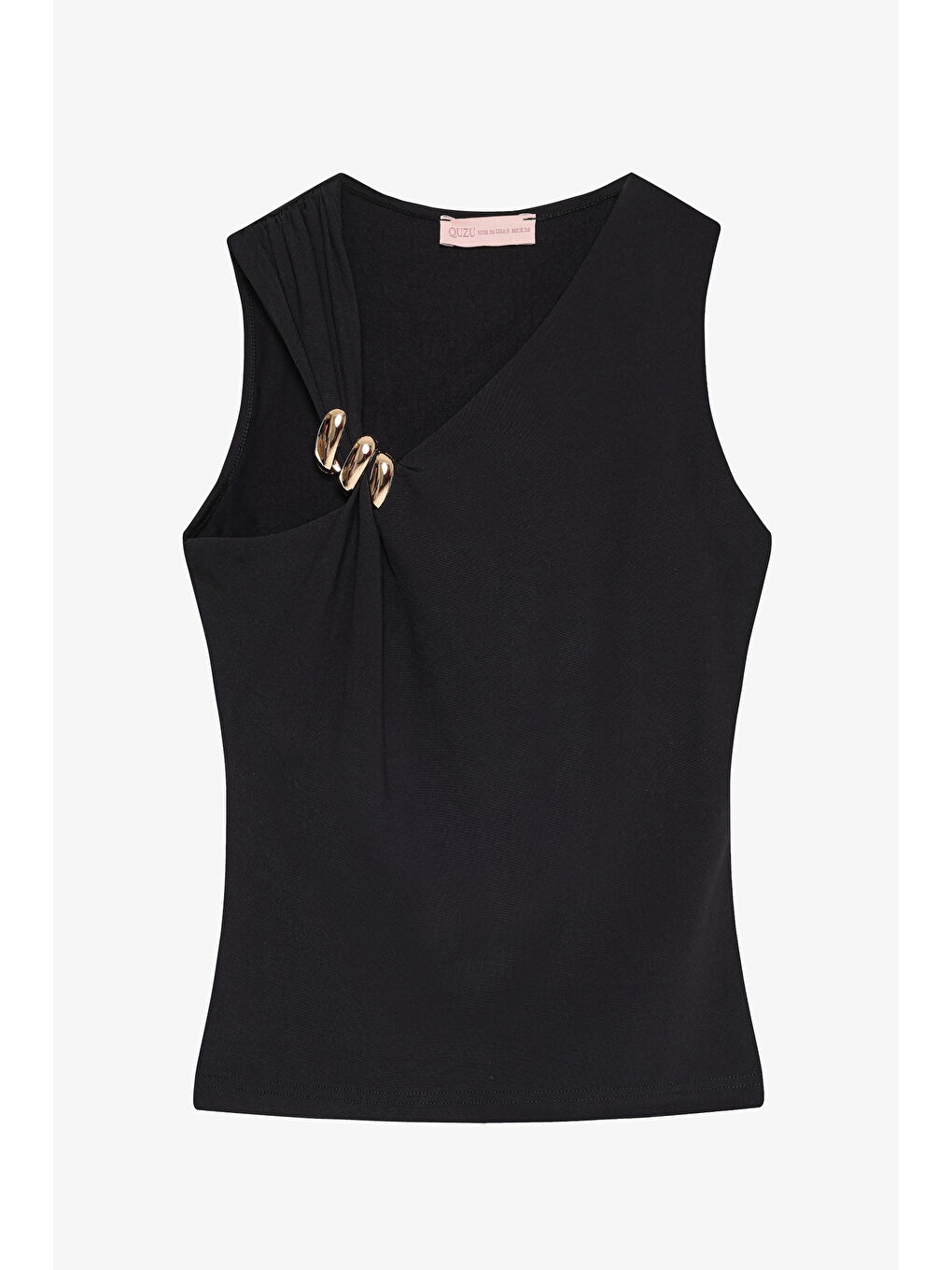 Asimetrik Yaka Metal Aksesuarlı Bluz Siyah-4