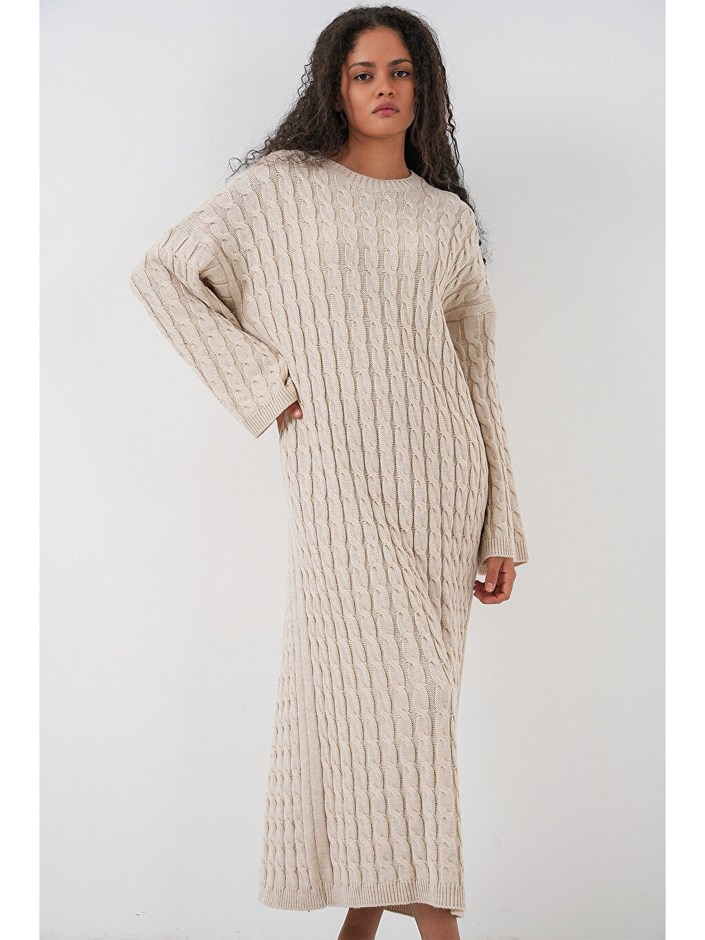 Ekru Kadın Örgülü Uzun Tiko Elbise 15944 - Krem-1