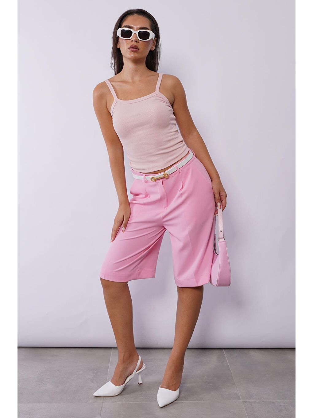 Pembe Pileli Kadın Bermuda Şort Mg2483-6