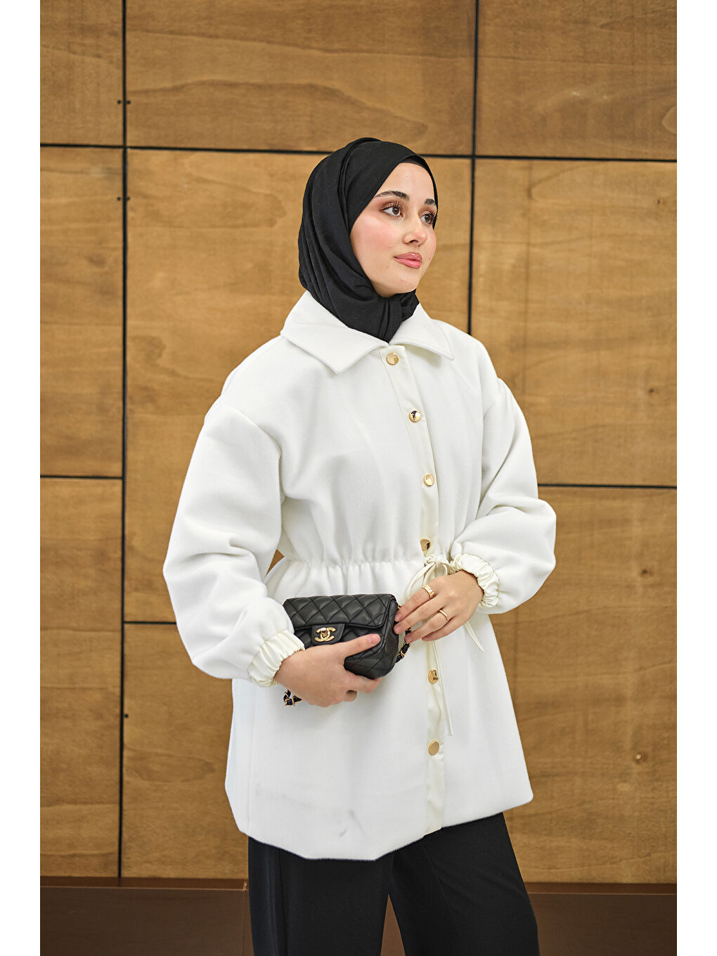 Kadın Beli Deri İp Detay Gömlek Yaka Ceket Beyaz-3