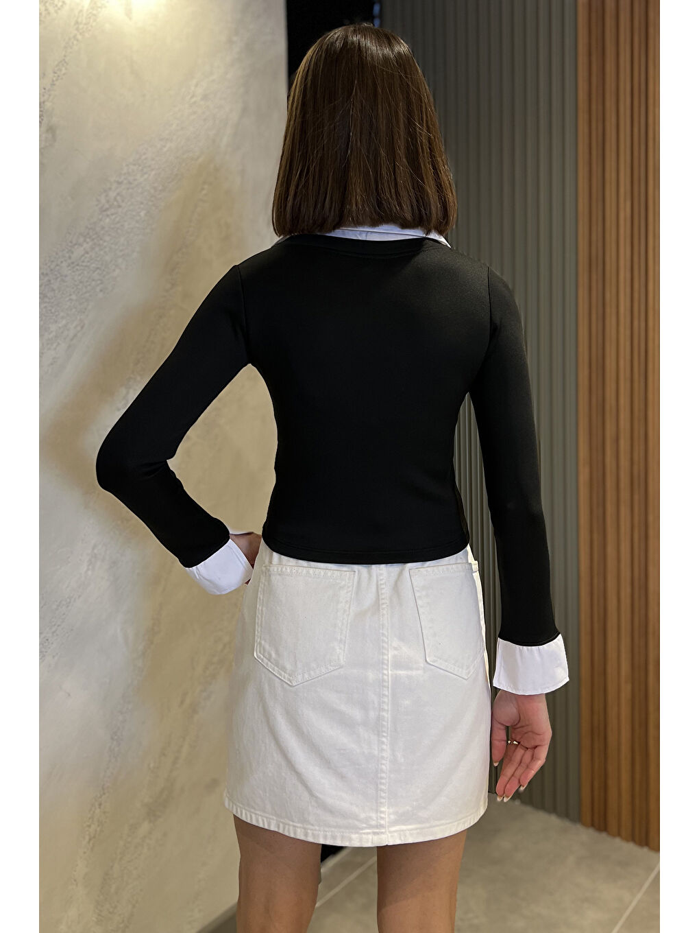 Siyah Kadın Gömlek Garnili Crop Bluz-3