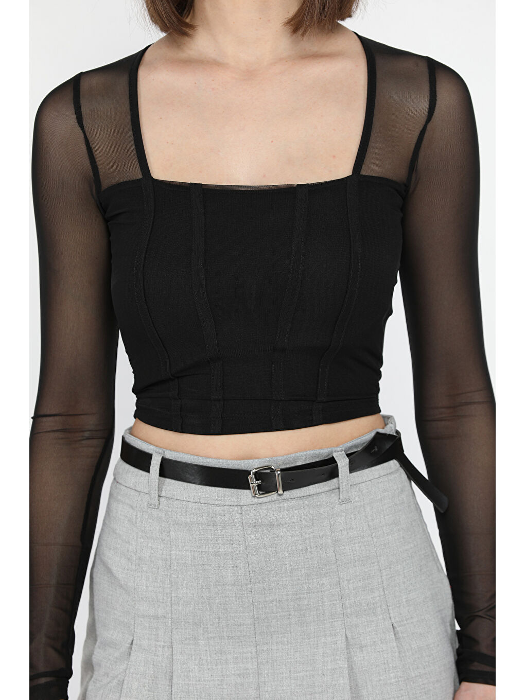 Siyah Kadın Kare Yaka Sırt Ve Kol Transparan Crop Top Bluz-3
