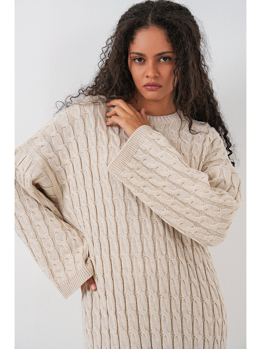 Ekru Kadın Örgülü Uzun Tiko Elbise 15944 - Krem-2