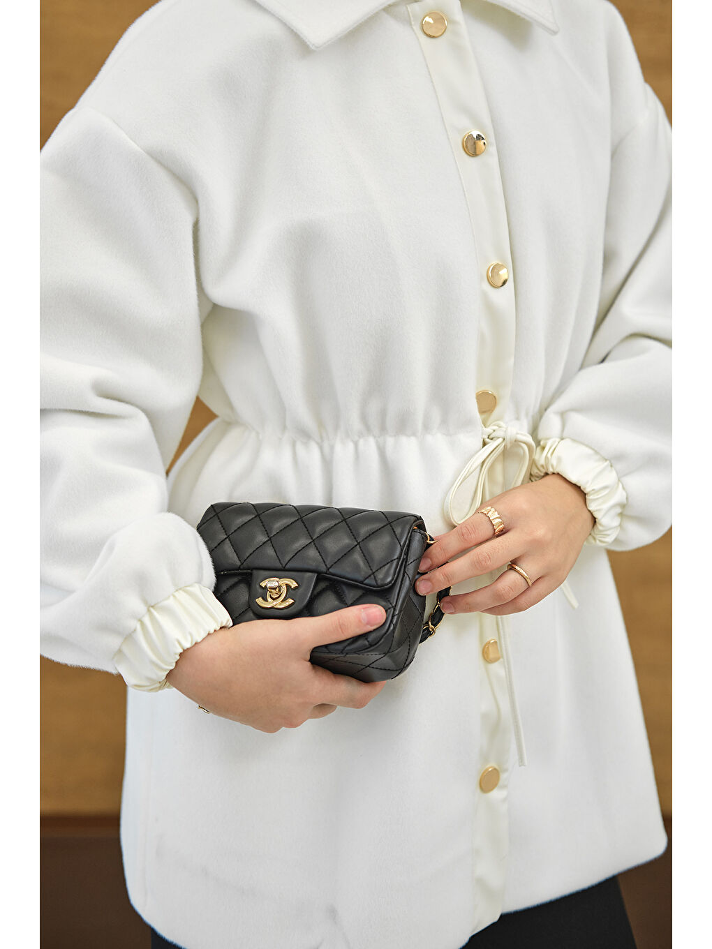 Kadın Beli Deri İp Detay Gömlek Yaka Ceket Beyaz-4