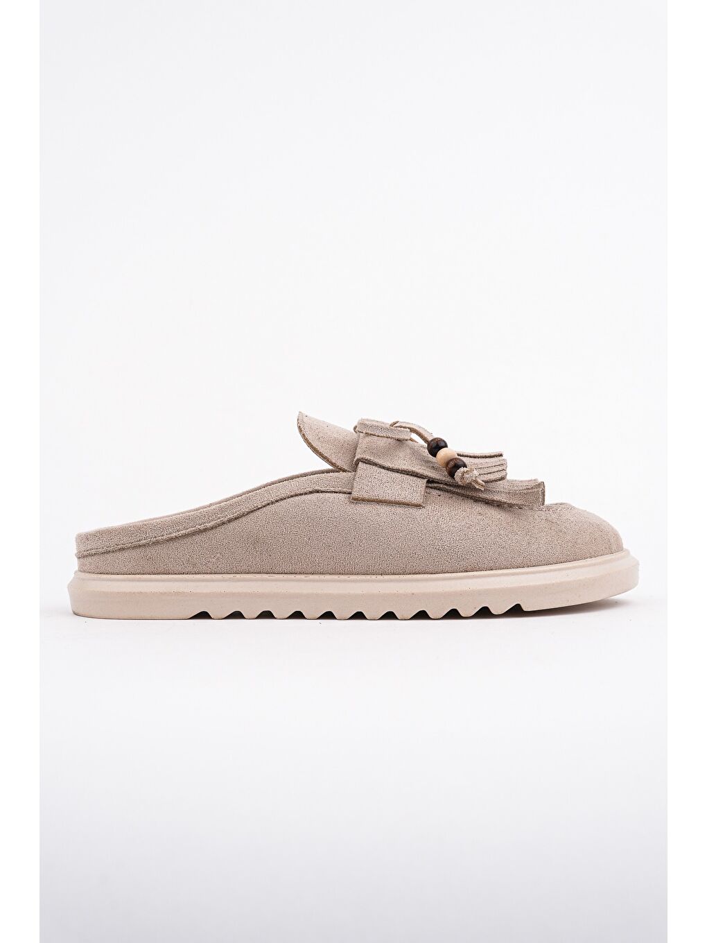 Bej FRİNGE Süet Deri Fiyonk Detaylı Günlük Rahat Önü Kapalı Kadın Püsküllü Loafer Terlik-2