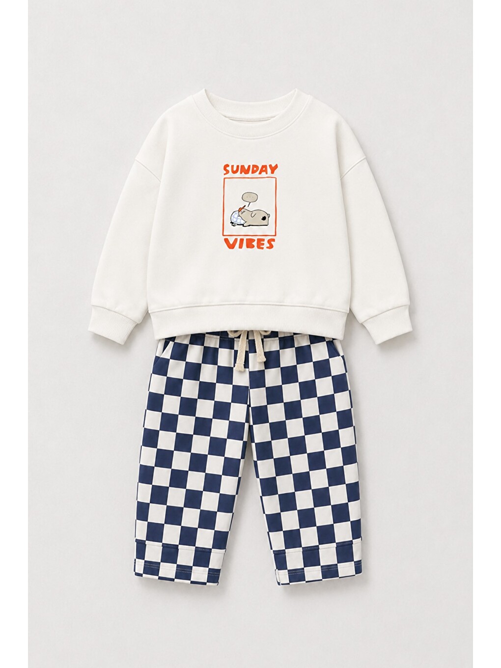 Erkek Çocuk Ekru Baskılı Pamuklu Sweatshirt Ve Lacivert Damalı Eşofman Alt Üst Takım-1