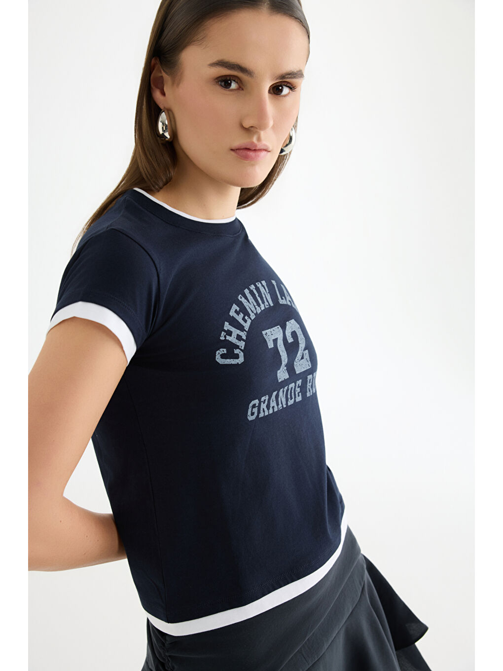 Yazı Baskılı Reglan Garnili Tişört Lacivert-2