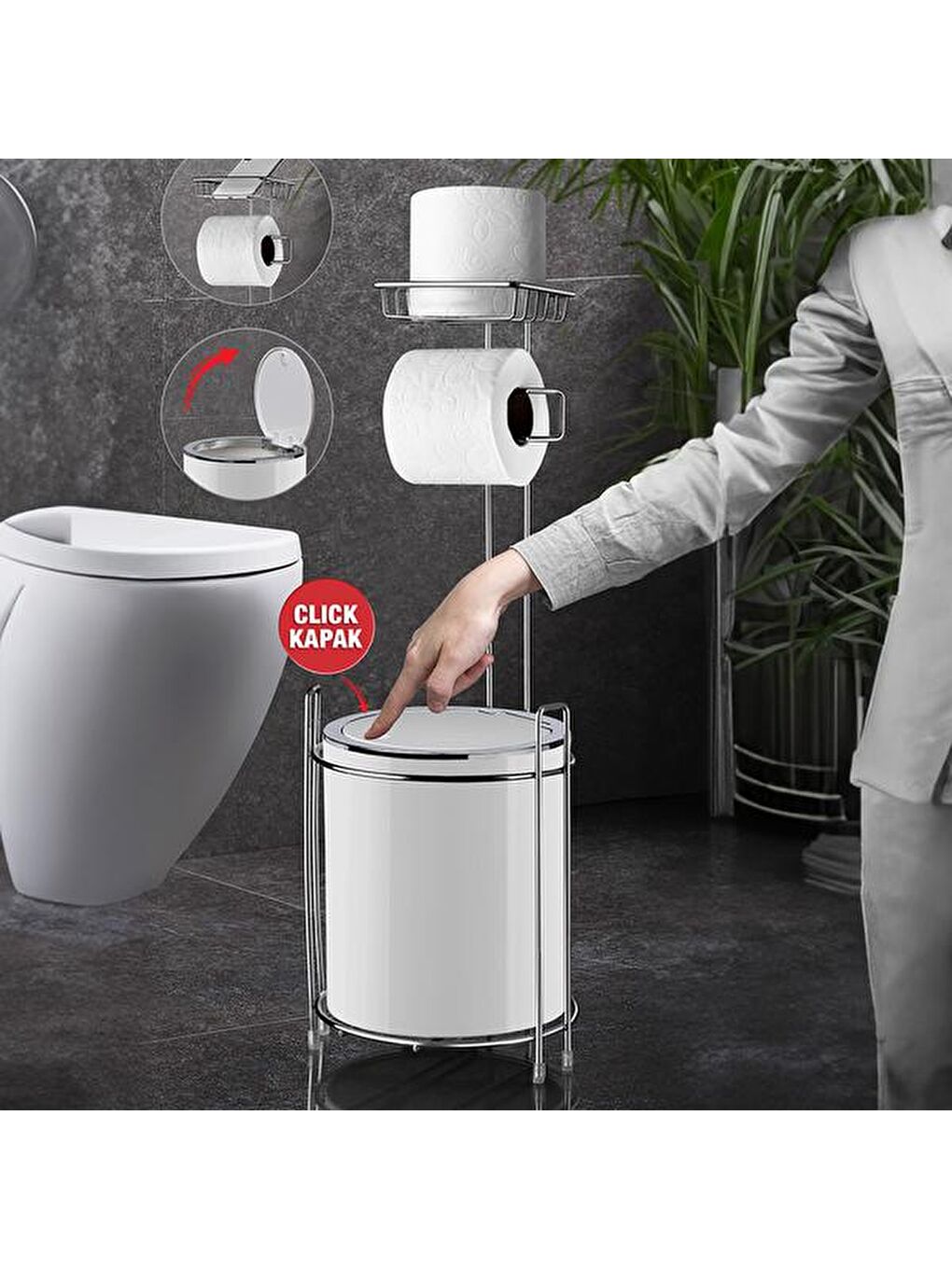 Yedekli Wc Kağıtlığı Ve Çöp Kovası - Beyaz-5