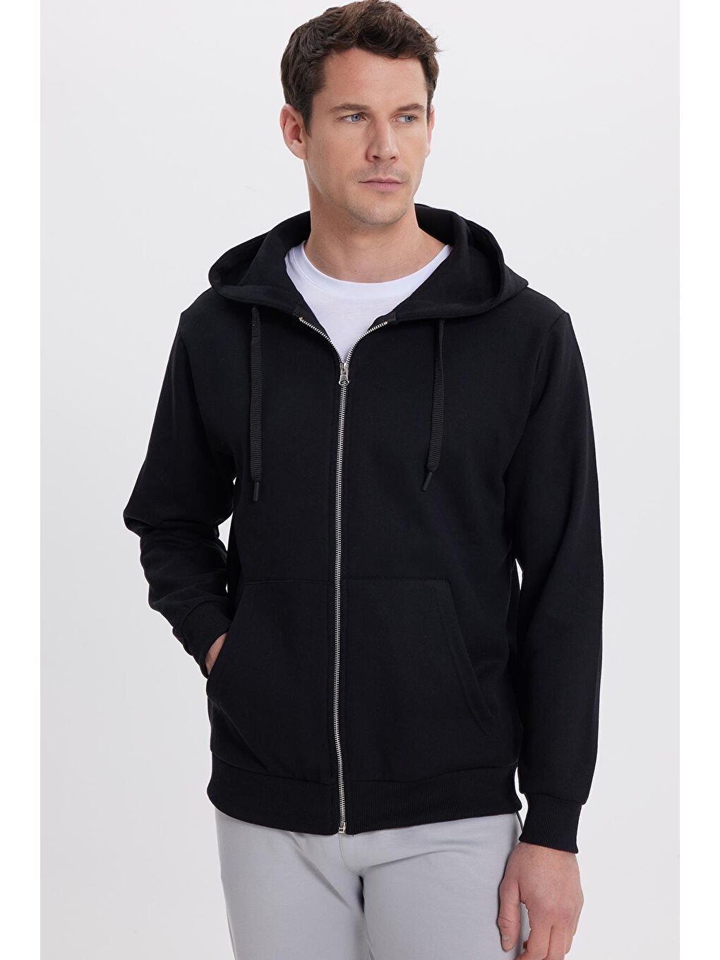 Unisex Relax Fit Rahat Kesim Pamuklu İçi Polarlı Çift Cepli Tam Fermuarlı Siyah Kapüşonlu Sweatshirt