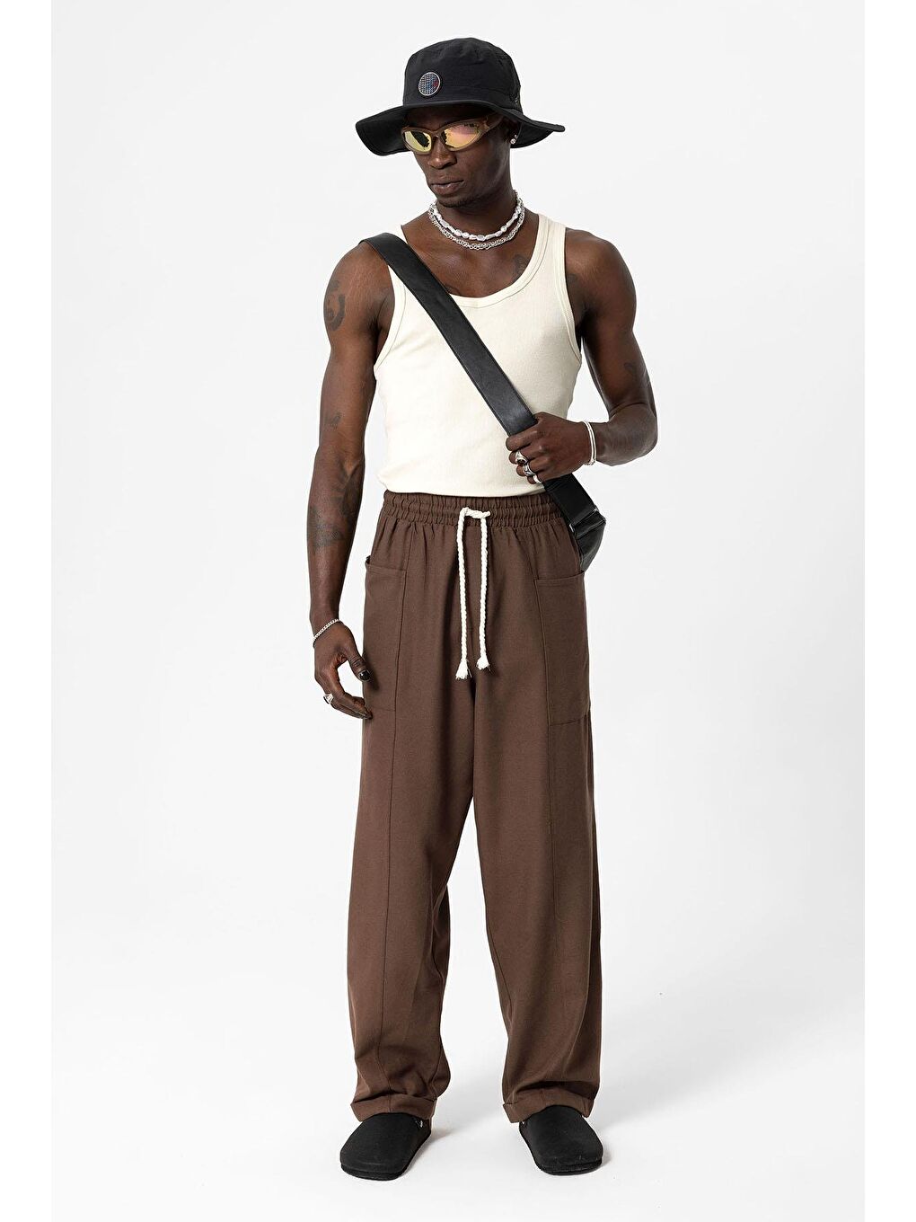 Kahverengi Yan Cepli Baggy Keten Pantolon Kahve