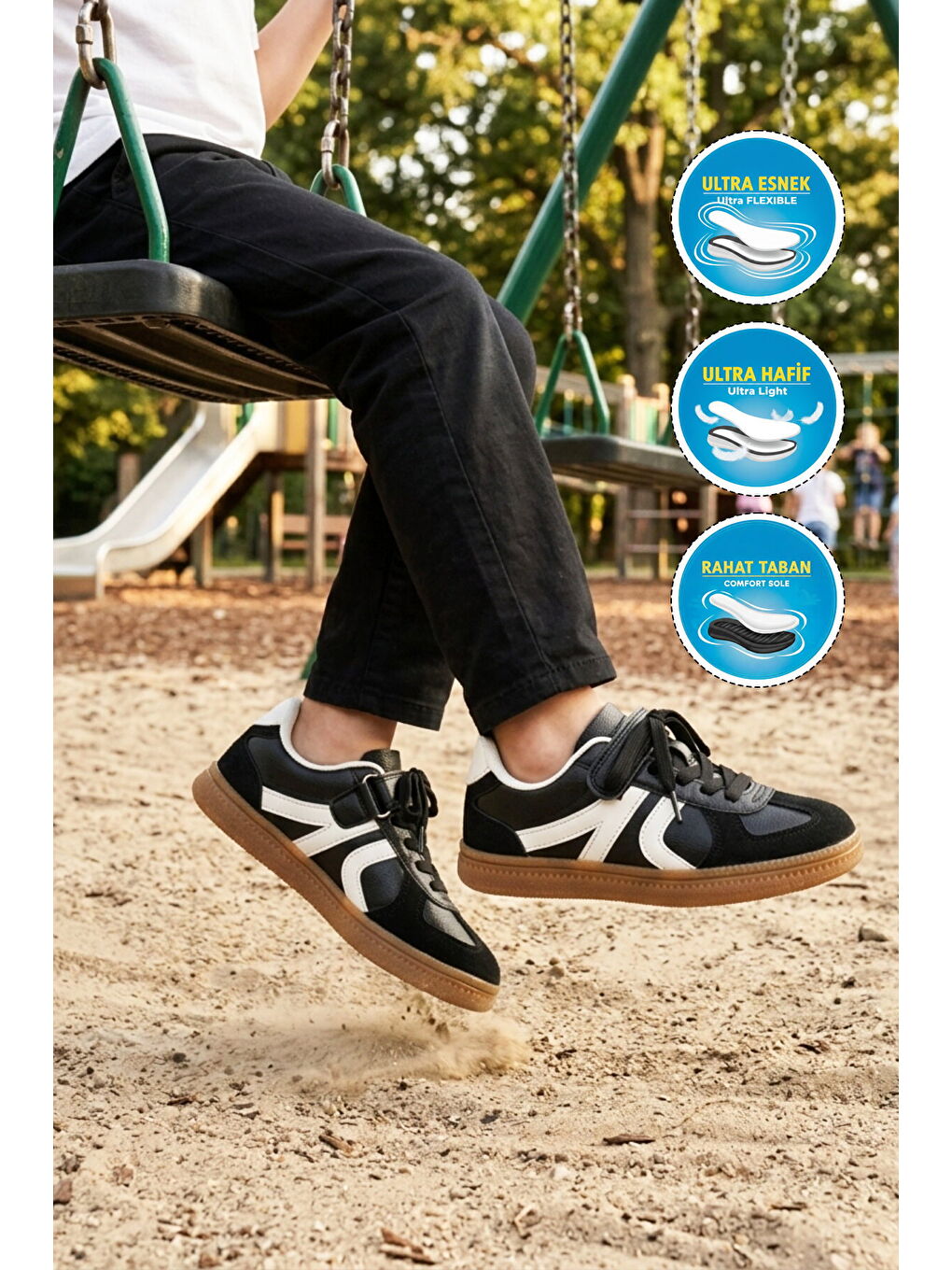 Siyah Cırtlı Bağcıklı Unisex Çocuk Spor Ayakkabı Berry F-2