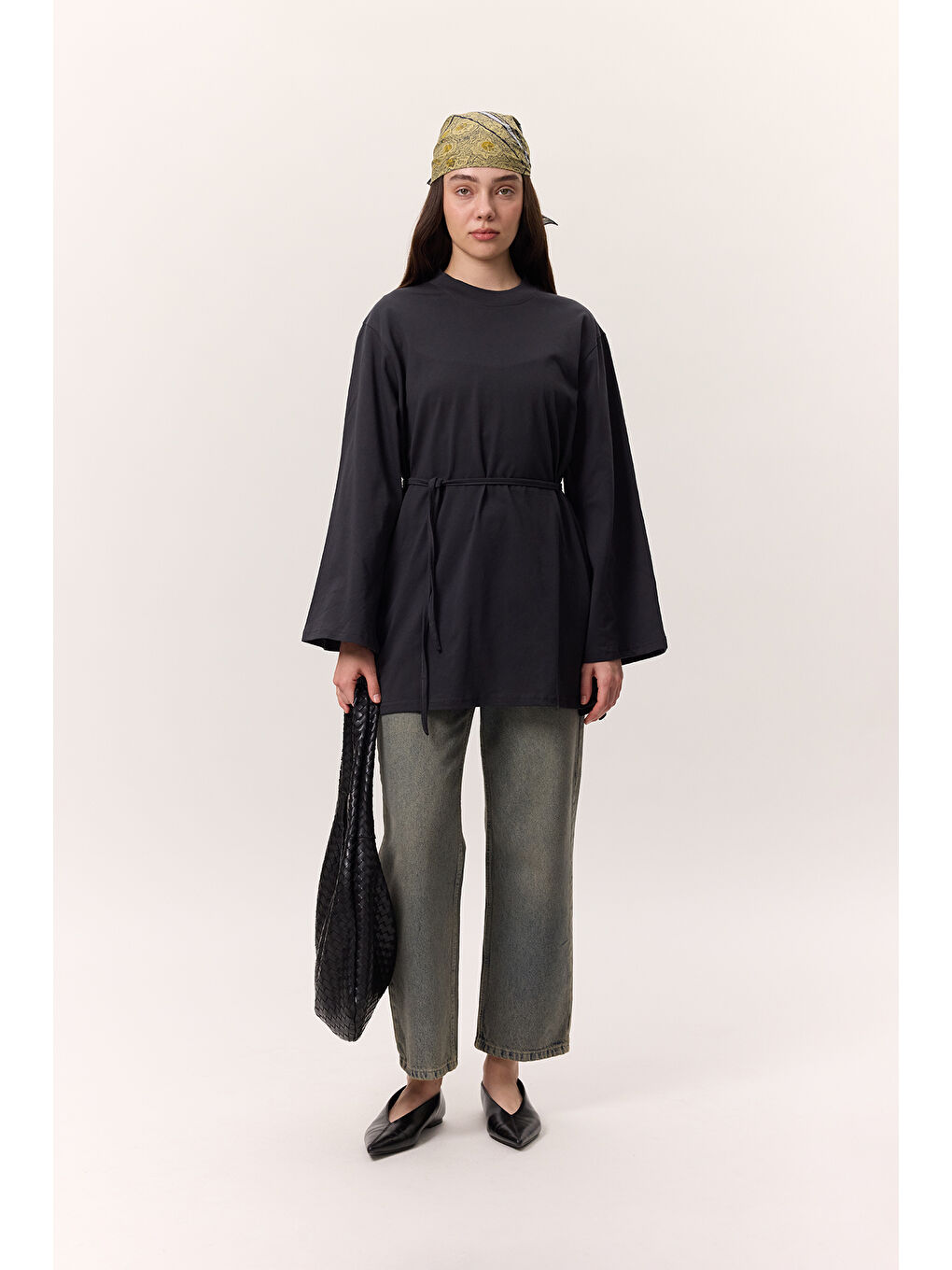 Bağlama Detaylı Oversıze Tshırt Antrasit-1