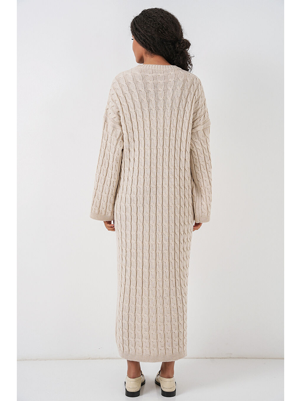 Ekru Kadın Örgülü Uzun Tiko Elbise 15944 - Krem-4