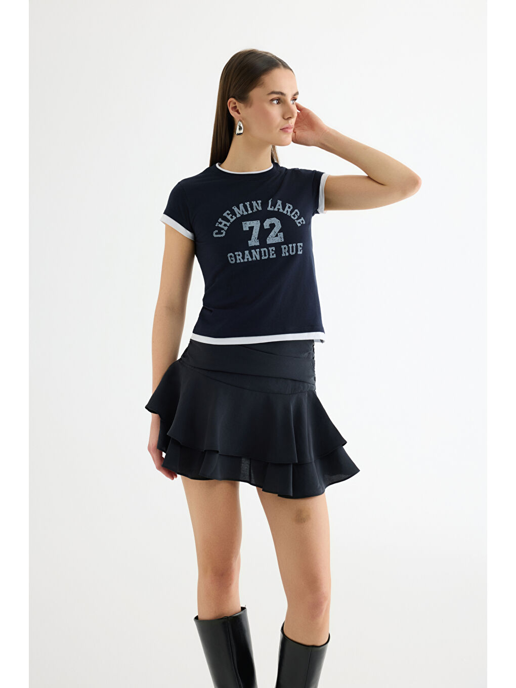 Yazı Baskılı Reglan Garnili Tişört Lacivert-3