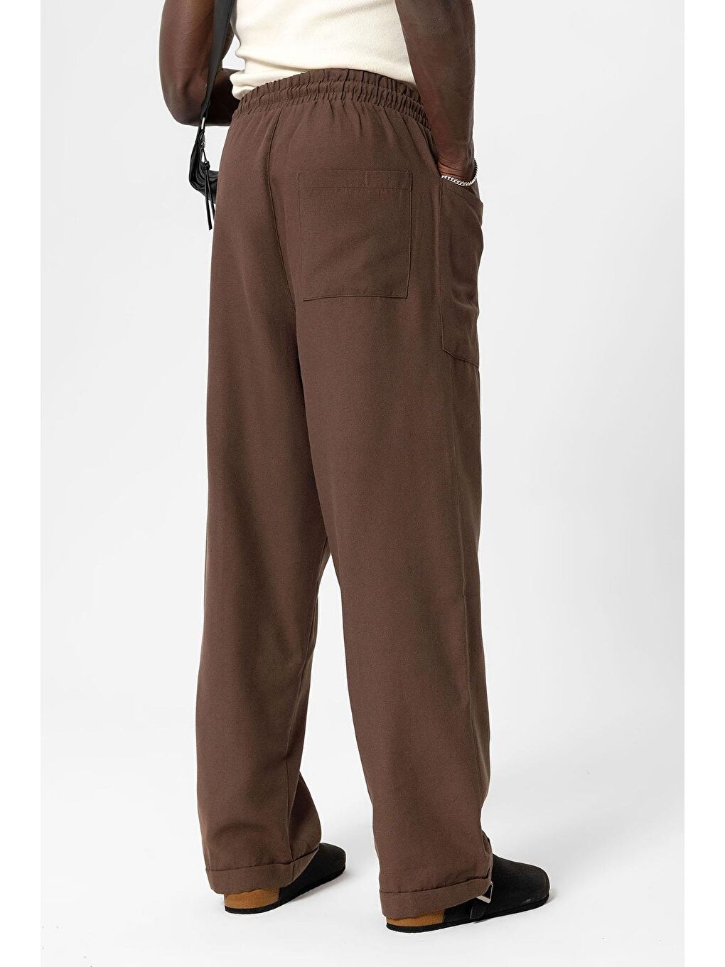 Kahverengi Yan Cepli Baggy Keten Pantolon Kahve-1