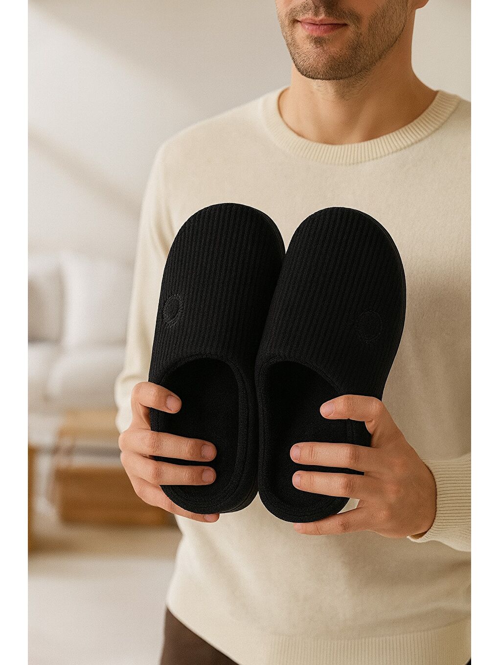 Siyah VELVET Erkek Ev Terliği Ses Yapmayan Taban Yünlü Terlik-3