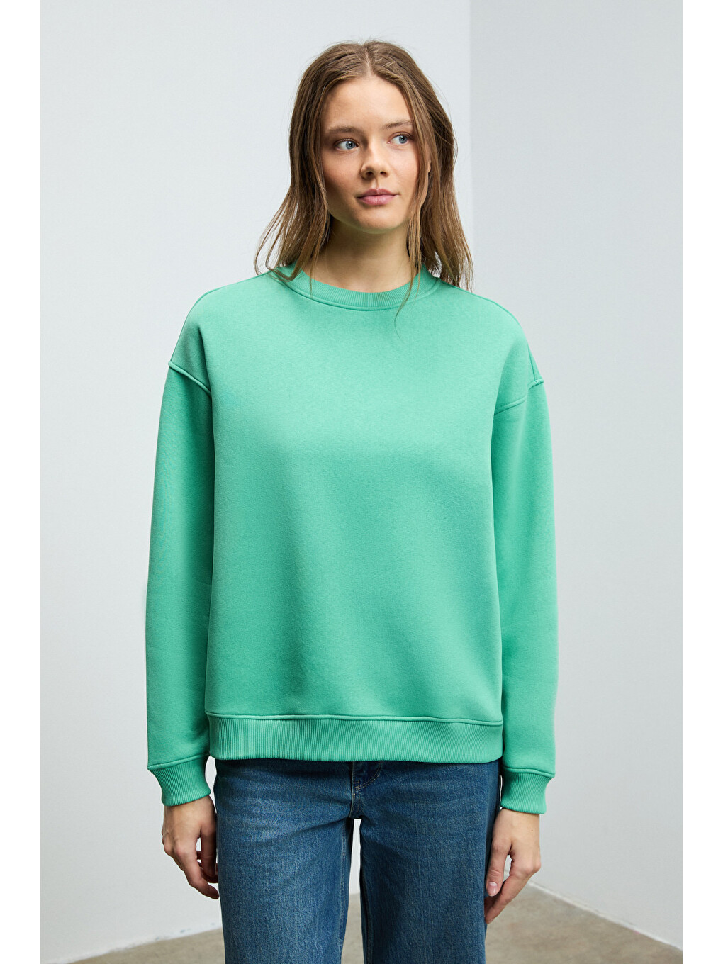 Susana Kadın Bisiklet Yaka İçi Polarlı Oversize Fit Basic Mint Yeşil Sweatshirt-1