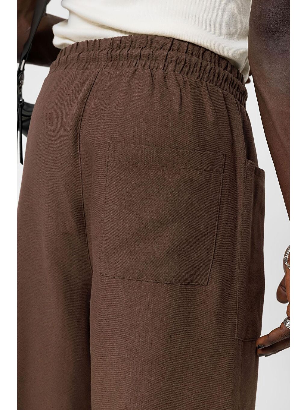 Kahverengi Yan Cepli Baggy Keten Pantolon Kahve-2