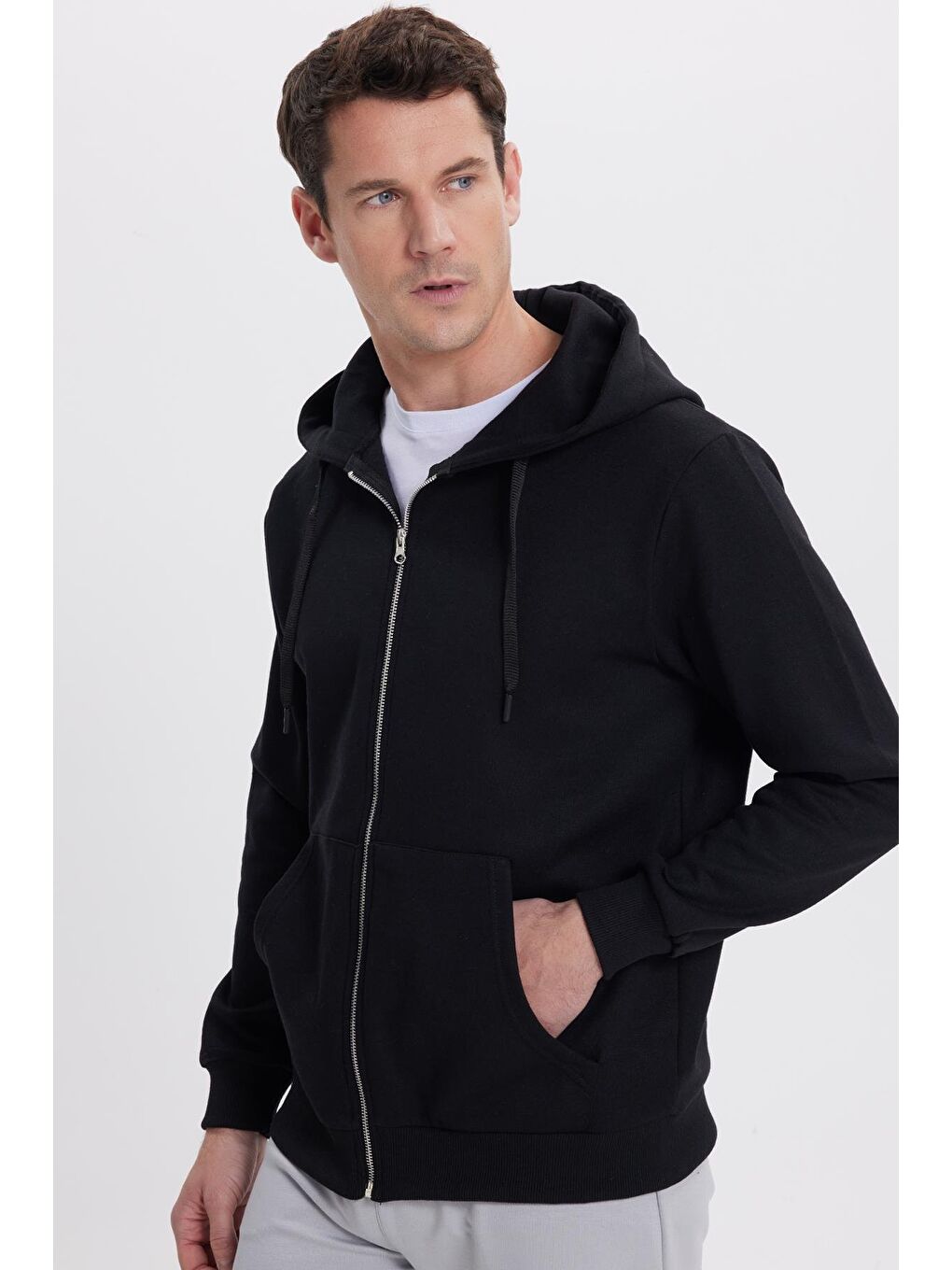 Unisex Relax Fit Rahat Kesim Pamuklu İçi Polarlı Çift Cepli Tam Fermuarlı Siyah Kapüşonlu Sweatshirt-1