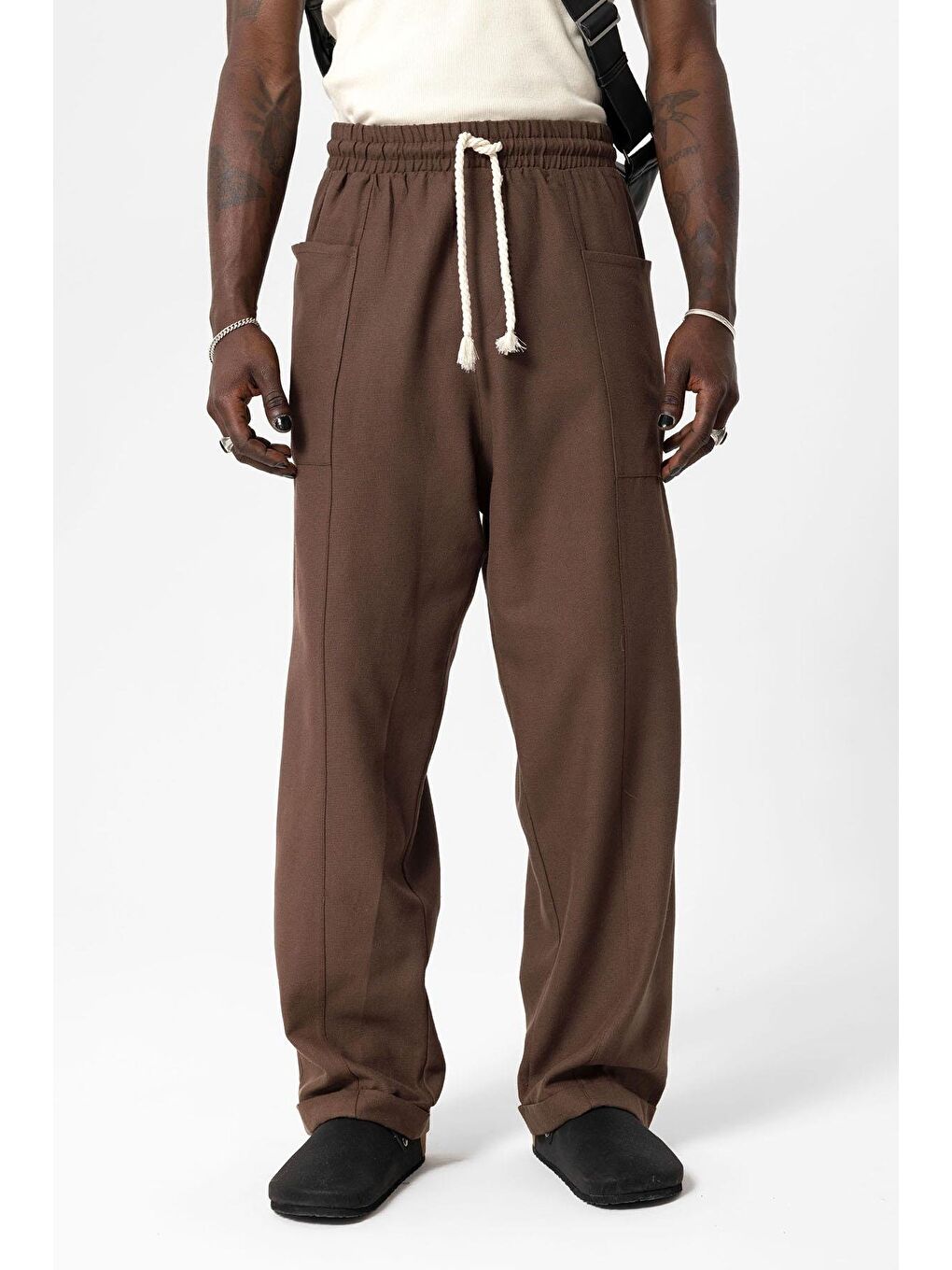 Kahverengi Yan Cepli Baggy Keten Pantolon Kahve-3
