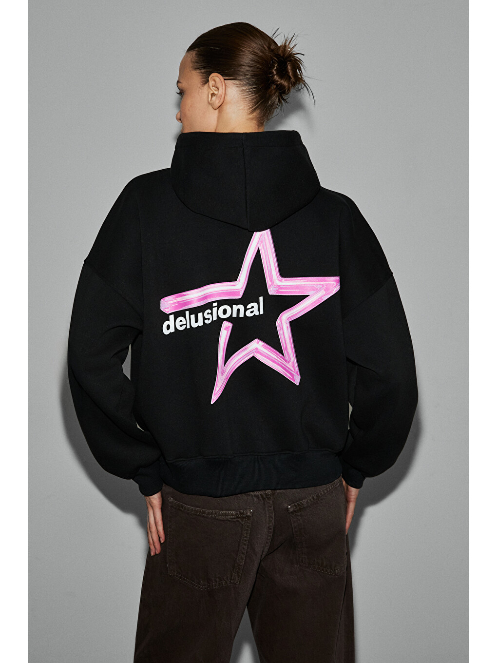 Teraly Kadın Organik Pamuklu Polarlı Kumaşlı Baskı Detaylı Siyah Sweatshirt-1