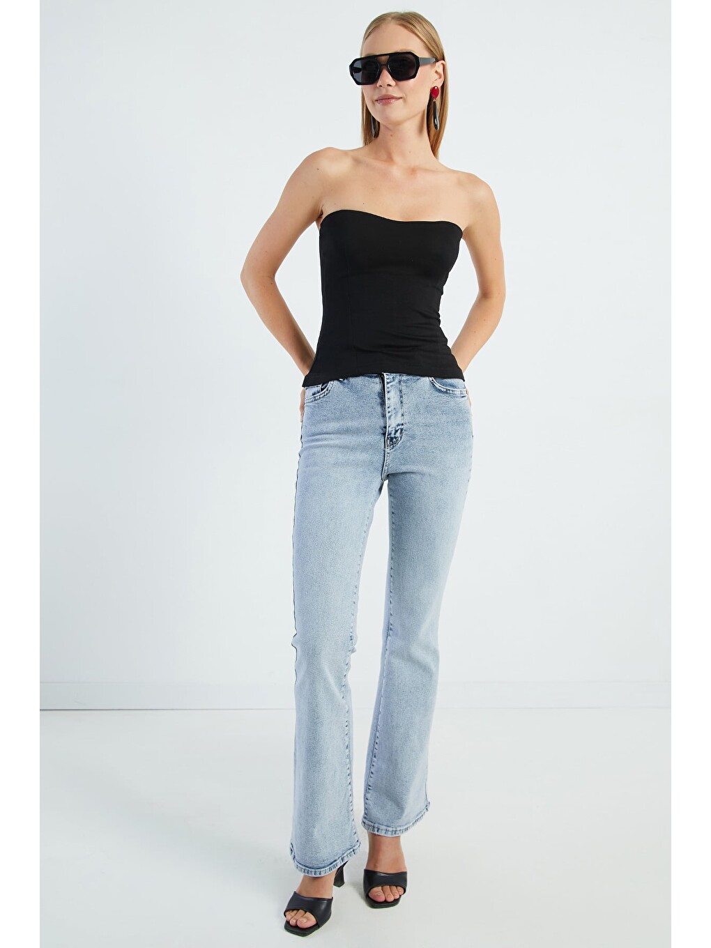 Siyah Basic Straplez Yaka Kaplı Bluz-4