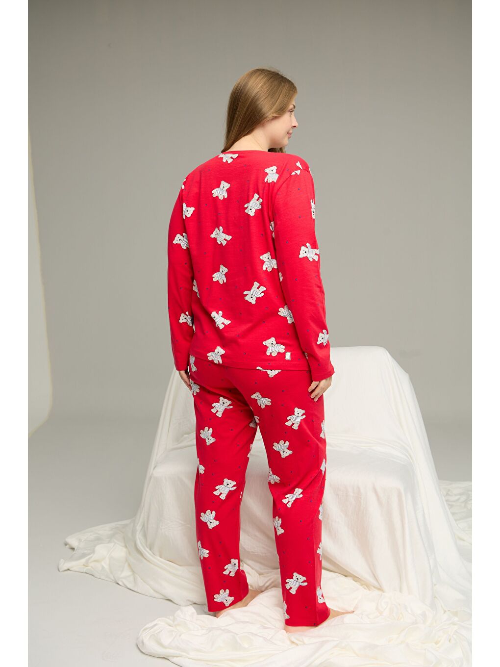 Kırmızı Desenli Curve Büyük Beden Battal Boy Pamuklu Pijama Takım25240765-2