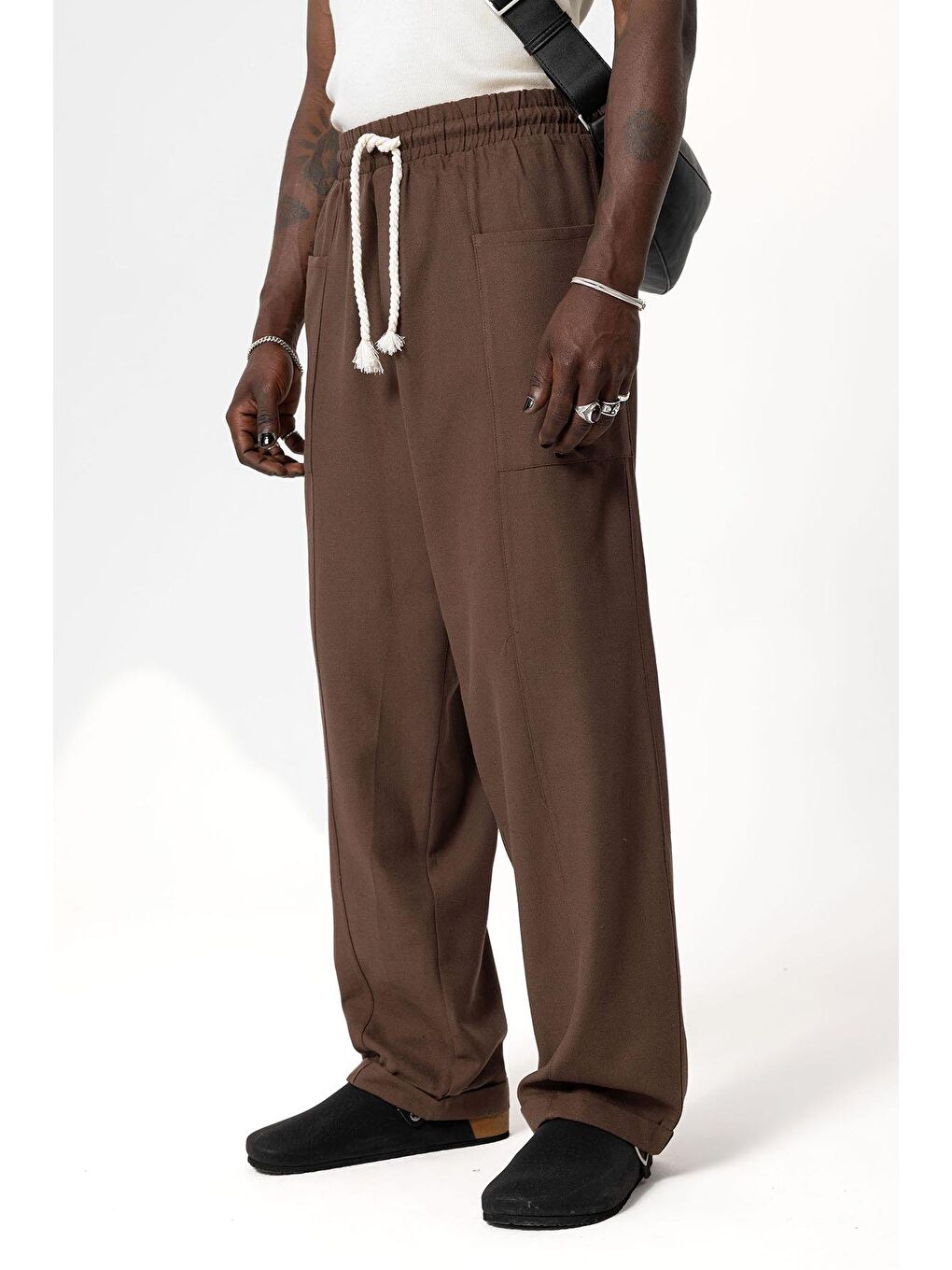 Kahverengi Yan Cepli Baggy Keten Pantolon Kahve-4