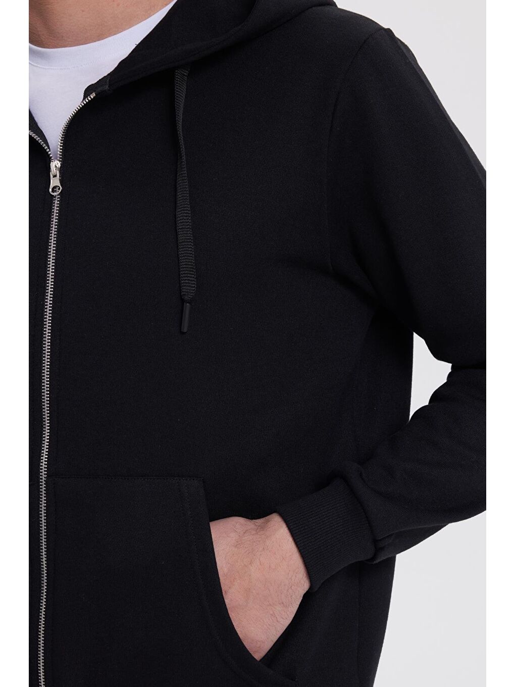 Unisex Relax Fit Rahat Kesim Pamuklu İçi Polarlı Çift Cepli Tam Fermuarlı Siyah Kapüşonlu Sweatshirt-2